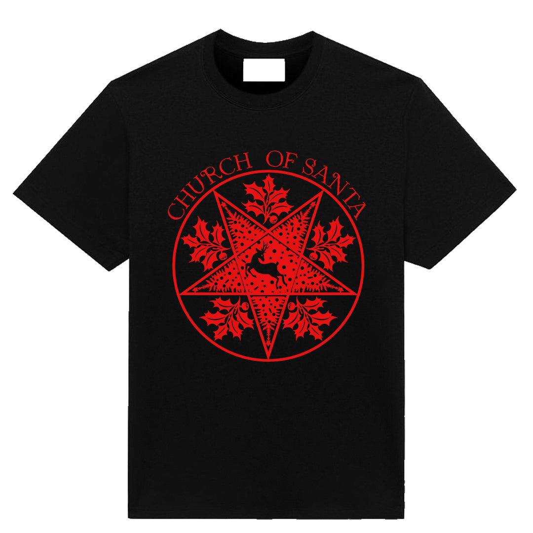 Red Church Of Santa Christmas T-shirt with bold holiday graphic by Neesh Labs