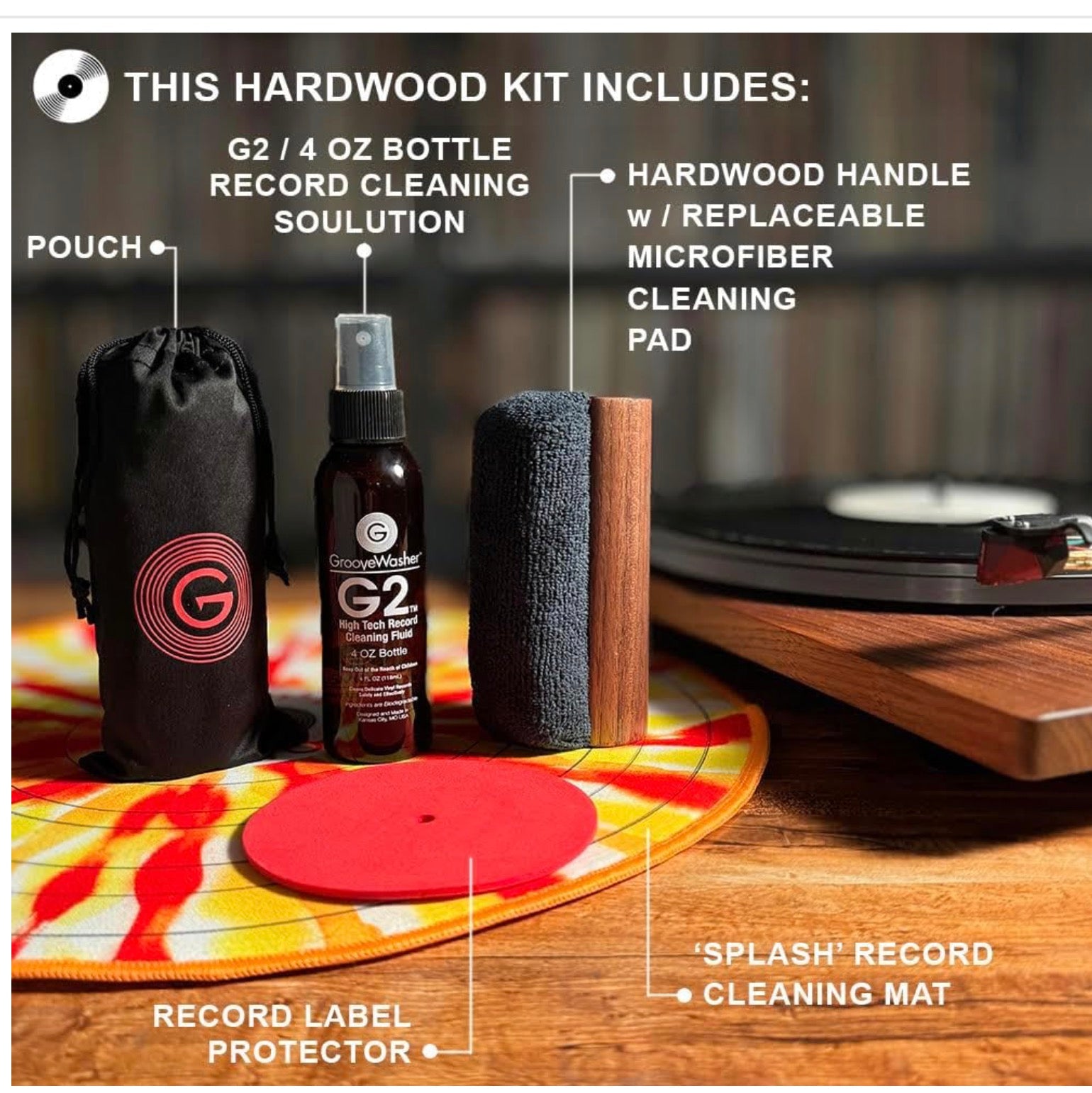 GrooveWasher Walnut Vinyl Record Cleaning Kit Record Player Cleaning Kit With G2 Solution: Anti-Static, No-Rinse, Removes Dust, Dirt & Fingerprints. Washable Pad,