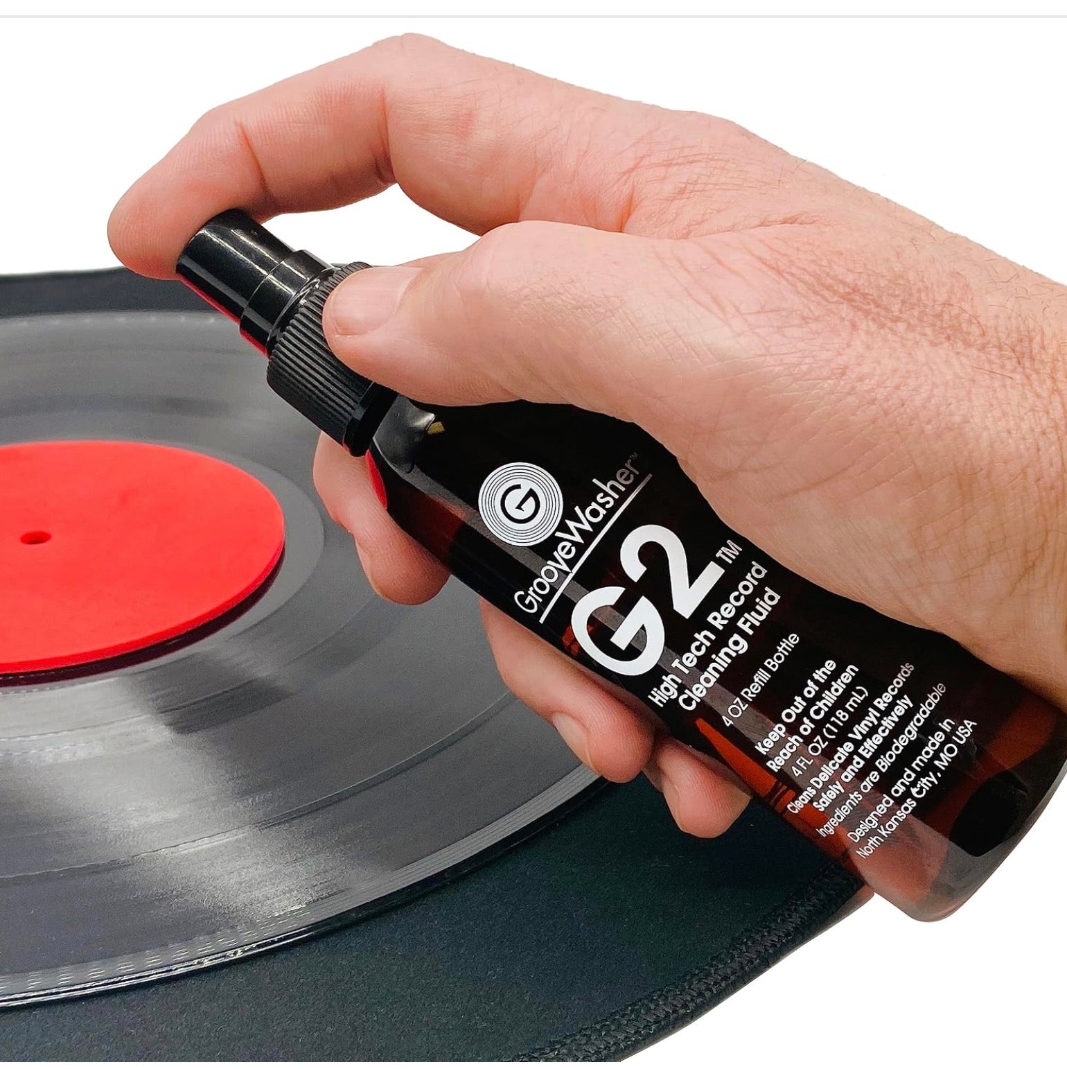 GrooveWasher Walnut Vinyl Record Cleaning Kit Record Player Cleaning Kit With G2 Solution: Anti-Static, No-Rinse, Removes Dust, Dirt & Fingerprints. Washable Pad,