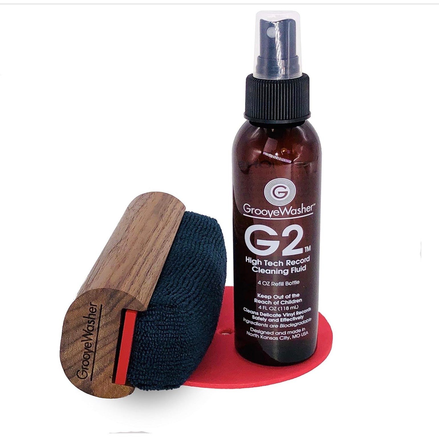 GrooveWasher Walnut Vinyl Record Cleaning Kit Record Player Cleaning Kit With G2 Solution: Anti-Static, No-Rinse, Removes Dust, Dirt & Fingerprints. Washable Pad,