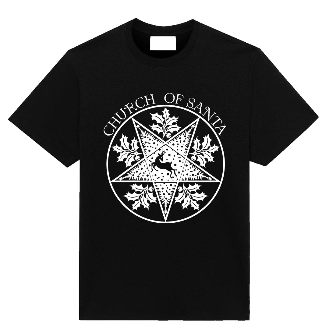 White Church Of Santa Christmas T-shirt with bold holiday graphic by Neesh Labs
